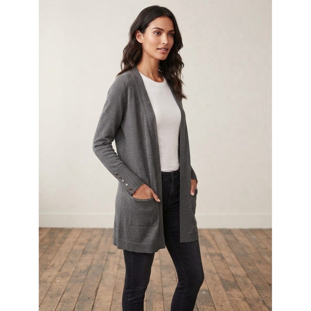 Verve Ami Women's Gray Open Front Cardigan Sweater Size L Long Sleeve Pockets